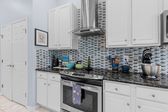 kitchen with backsplash, stainless steel range with electric stovetop, white cabinetry, and wall chimney range hood