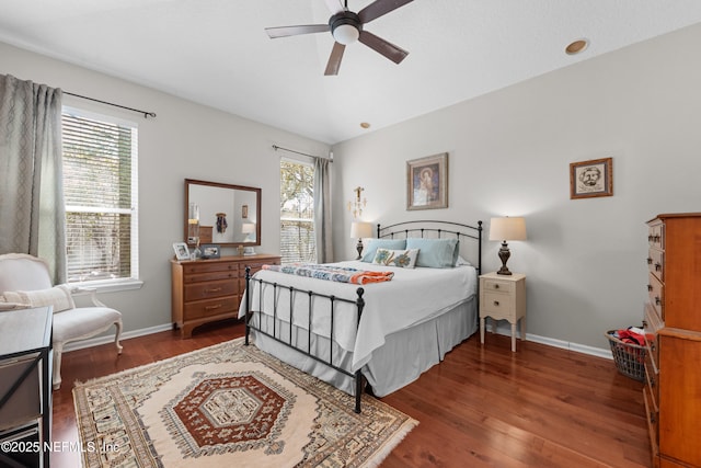 bedroom featuring multiple windows, wood finished floors, and baseboards