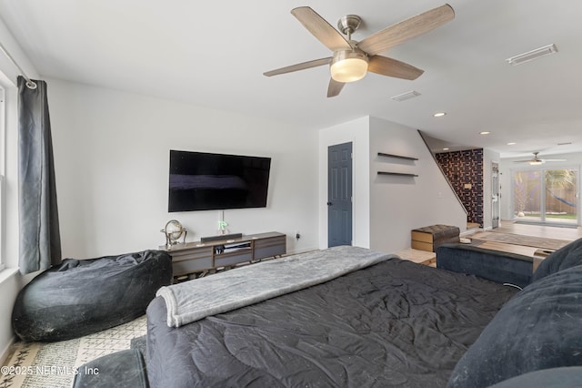 bedroom featuring a ceiling fan, recessed lighting, and visible vents