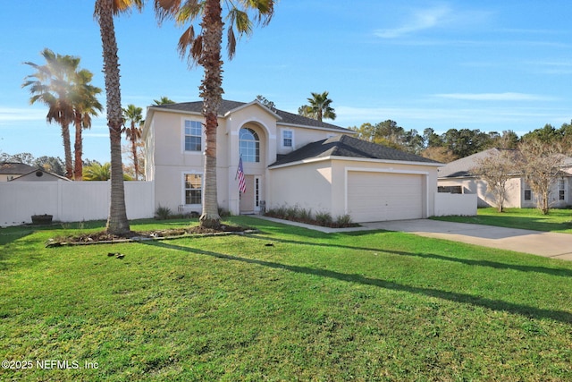 traditional-style house featuring stucco siding, a front lawn, fence, concrete driveway, and a garage