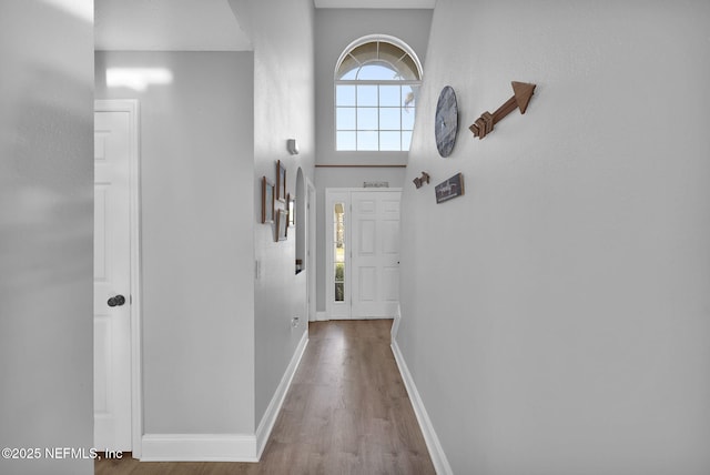 interior space with a towering ceiling, baseboards, and wood finished floors