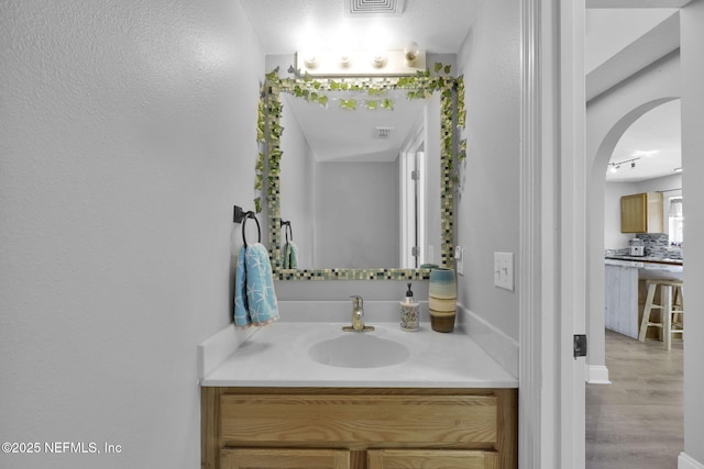 bathroom featuring visible vents, vanity, and wood finished floors