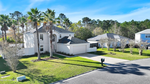 view of front facade with an attached garage, a front lawn, fence, stucco siding, and driveway