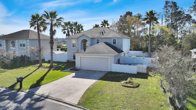 traditional-style house featuring an attached garage, a front lawn, fence, stucco siding, and driveway