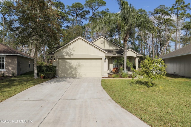 single story home featuring stucco siding, driveway, an attached garage, and a front lawn