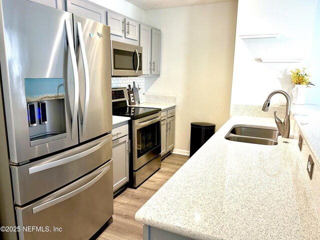 kitchen with light stone countertops, light wood-style flooring, a sink, appliances with stainless steel finishes, and tasteful backsplash