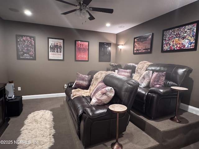 cinema room featuring recessed lighting, carpet flooring, a ceiling fan, and baseboards