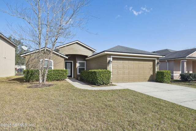 single story home featuring a garage, driveway, and a front lawn