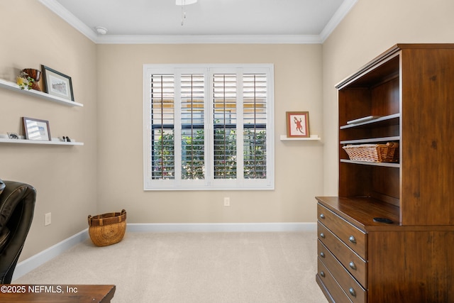 carpeted office space with crown molding and baseboards