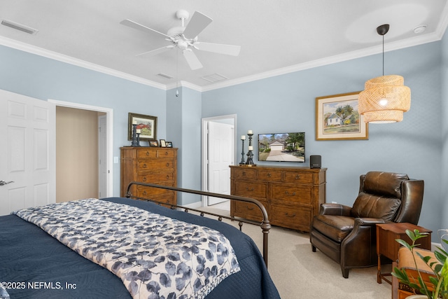 bedroom with light carpet, visible vents, crown molding, and a ceiling fan