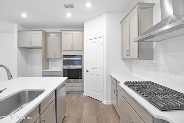 kitchen with visible vents, gray cabinetry, wall chimney range hood, stainless steel appliances, and a sink