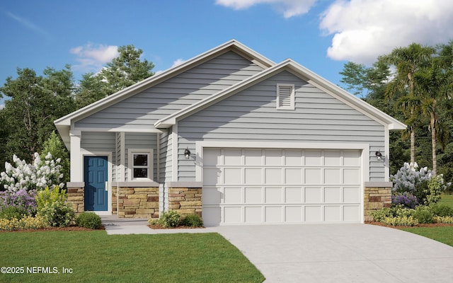 view of front of property featuring stone siding, a front lawn, an attached garage, and driveway