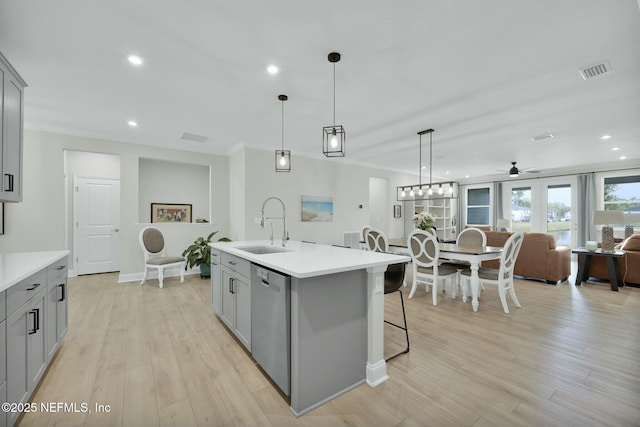 kitchen with visible vents, a sink, gray cabinets, light countertops, and stainless steel dishwasher