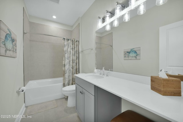 full bath with recessed lighting, shower / bathtub combination with curtain, toilet, vanity, and tile patterned floors