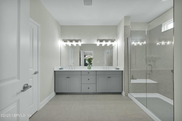 full bathroom featuring visible vents, a sink, a shower stall, and double vanity