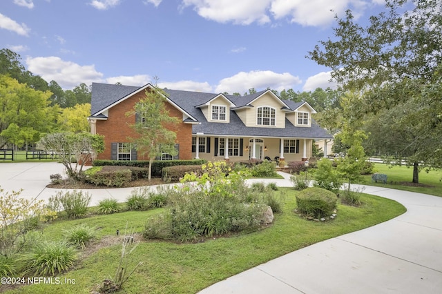 cape cod-style house with a front lawn, brick siding, covered porch, and driveway