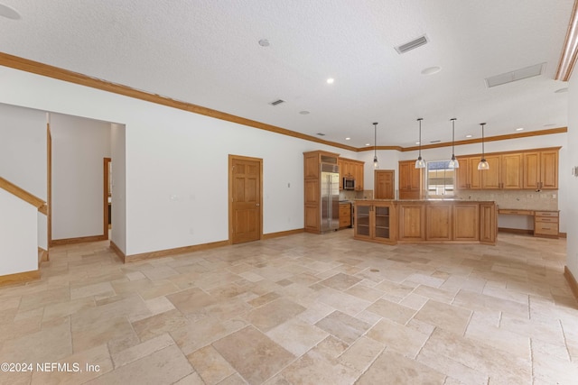 unfurnished living room featuring visible vents, baseboards, a textured ceiling, and crown molding