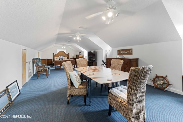 dining room with visible vents, ceiling fan, lofted ceiling, carpet flooring, and a textured ceiling