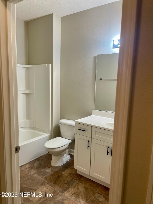 bathroom featuring vanity, shower / bath combination, toilet, and a textured ceiling