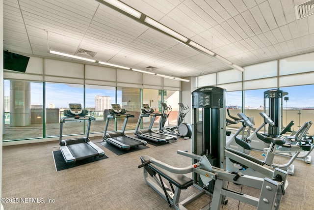 1431 Riverplace Blvd Unit 2606, Jacksonville, FL 32207 - workout area featuring visible vents, floor to ceiling windows, and carpet flooring