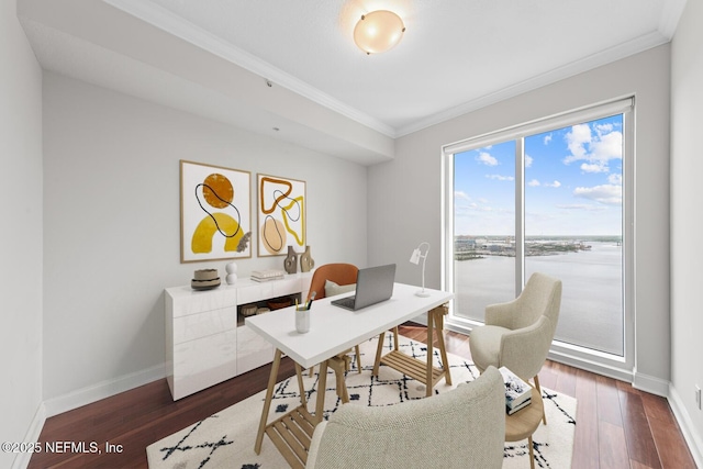 1431 Riverplace Blvd Unit 2606, Jacksonville, FL 32207 - office area featuring a water view, ornamental molding, dark wood-type flooring, and baseboards