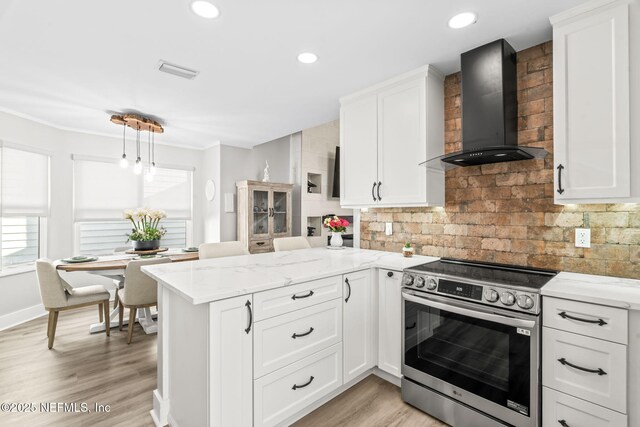 kitchen featuring white cabinetry, light wood-style floors, a peninsula, wall chimney range hood, and stainless steel electric range oven