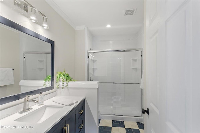 1282 Macarthur St, Jacksonville, FL 32205 - bathroom featuring a stall shower, vanity, visible vents, and crown molding