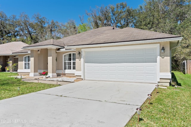 single story home featuring stucco siding, driveway, a garage, and a front lawn