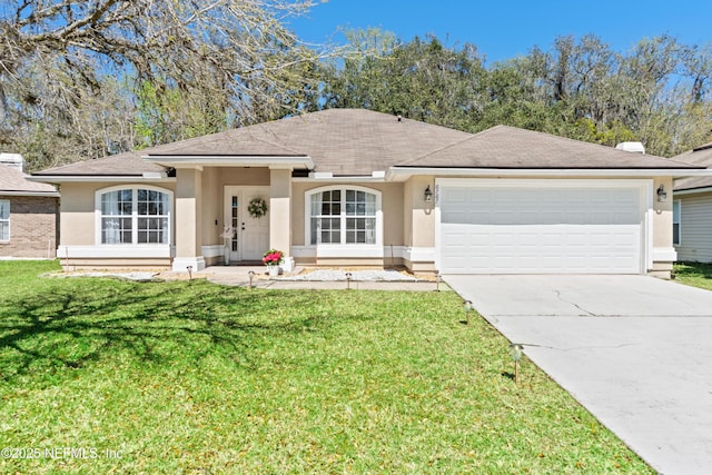 ranch-style home featuring stucco siding, an attached garage, concrete driveway, and a front lawn