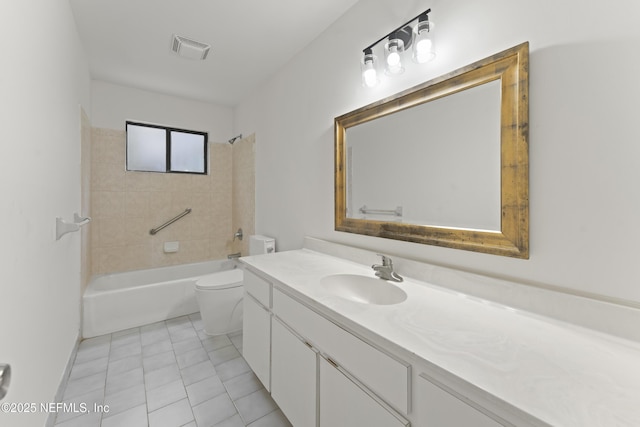 bathroom featuring visible vents, toilet, vanity,  shower combination, and tile patterned floors