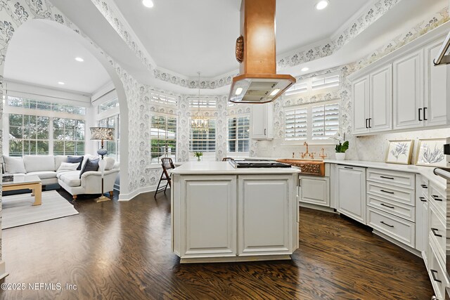 kitchen with island range hood, a healthy amount of sunlight, dark wood finished floors, arched walkways, and a center island