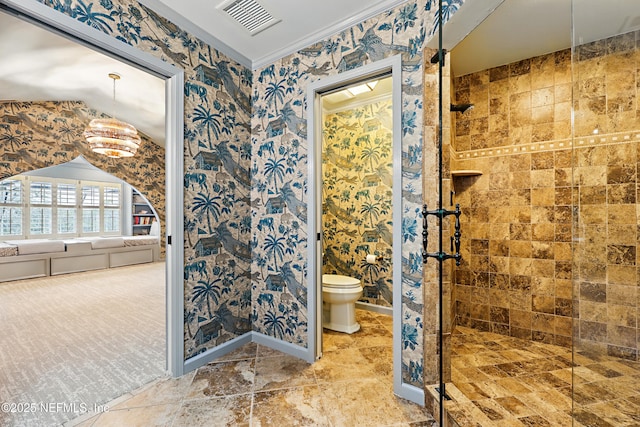 full bathroom with visible vents, wallpapered walls, baseboards, toilet, and tiled shower