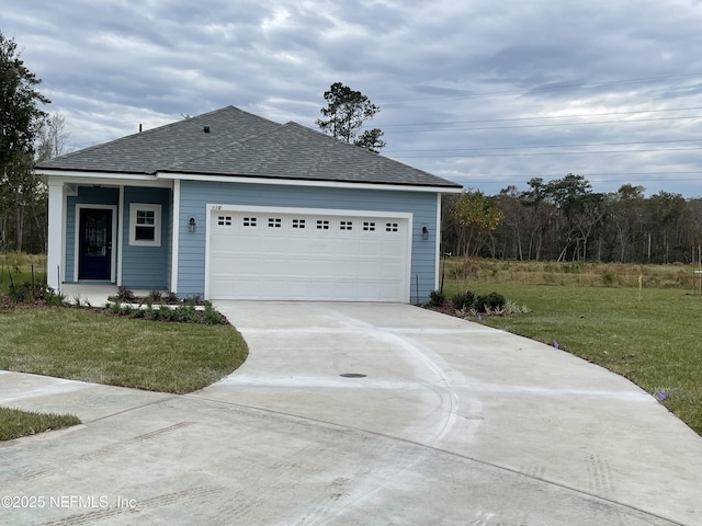 ranch-style house with an attached garage, driveway, a front yard, and roof with shingles