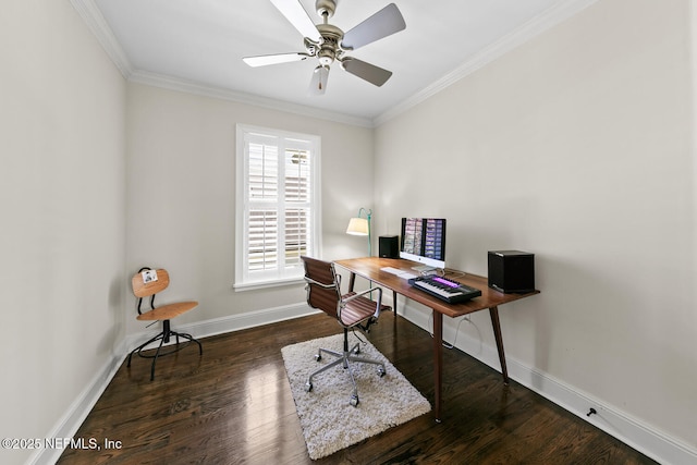 office with ceiling fan, baseboards, dark wood-type flooring, and ornamental molding