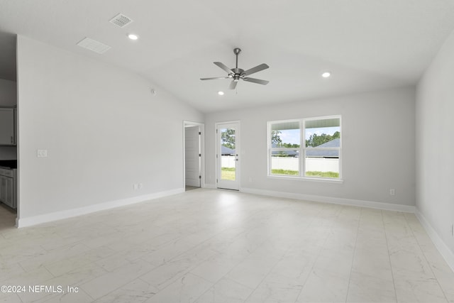 unfurnished living room featuring marble finish floor, visible vents, vaulted ceiling, and recessed lighting