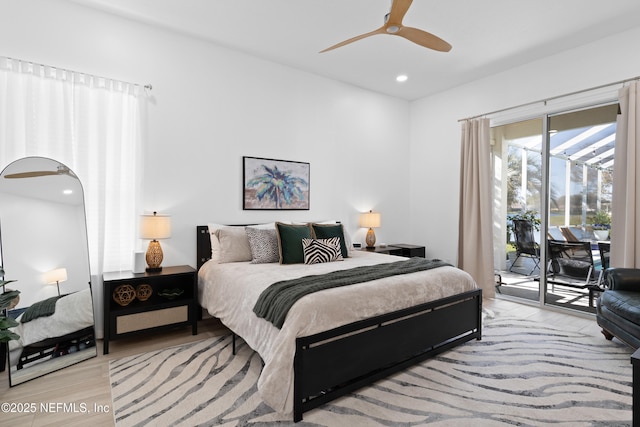 bedroom featuring access to exterior, recessed lighting, light wood-type flooring, and ceiling fan