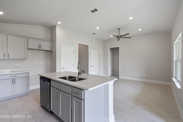 kitchen with gray cabinetry, visible vents, dishwasher, and a sink