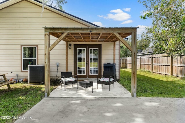 view of patio featuring central air condition unit, french doors, outdoor lounge area, and fence