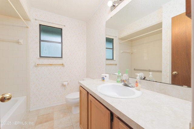 full bath with toilet, wallpapered walls, tile patterned flooring, baseboards, and vanity