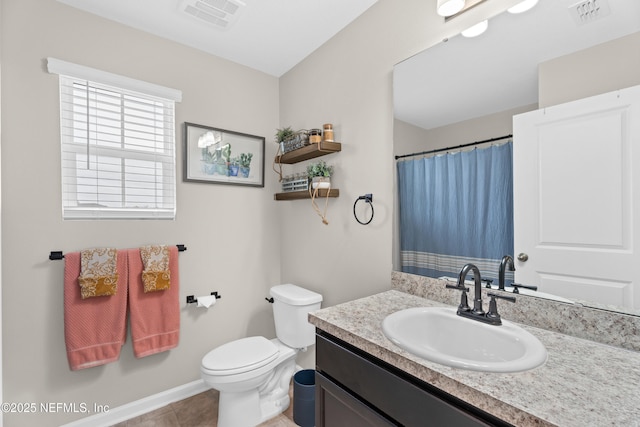 full bathroom featuring tile patterned floors, visible vents, toilet, and vanity