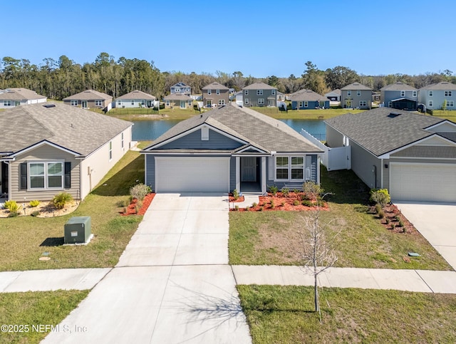 single story home with a residential view, concrete driveway, and a front yard