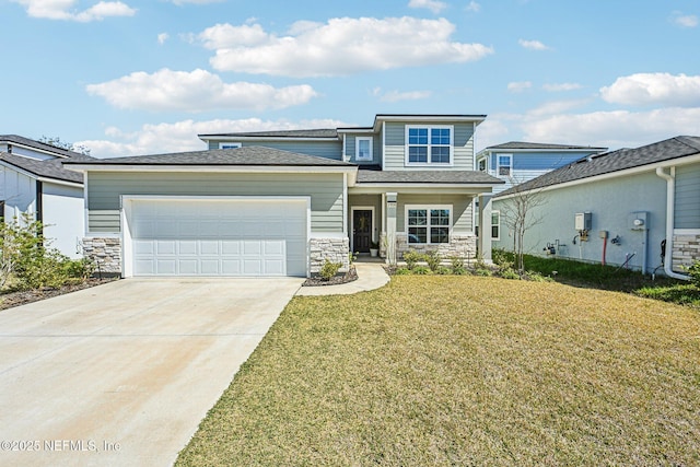 prairie-style home with a front yard, driveway, an attached garage, covered porch, and stone siding