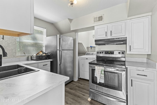 810 Calvert St, Jacksonville, FL 32208 - kitchen featuring stainless steel appliances, washer / clothes dryer, visible vents, a sink, and under cabinet range hood