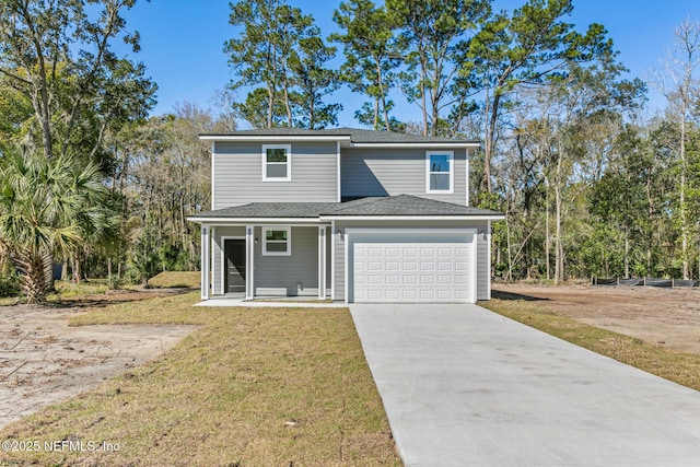 traditional-style home featuring a front yard, driveway, and a shingled roof