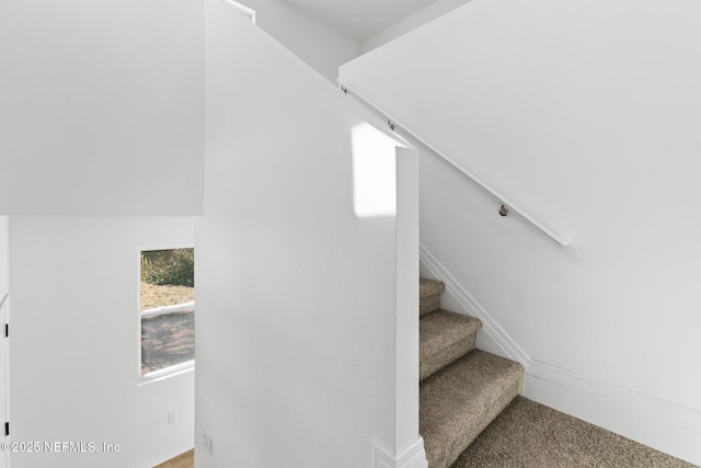 stairway featuring baseboards and carpet floors