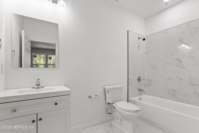 full bath with baseboards, toilet, shower / tub combination, marble finish floor, and vanity