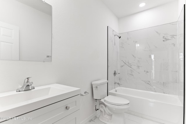 full bathroom with baseboards, toilet, shower / tub combination, marble finish floor, and vanity