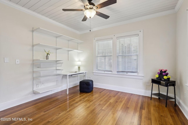 office featuring hardwood / wood-style flooring, wooden ceiling, crown molding, baseboards, and ceiling fan