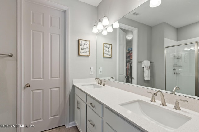 full bath featuring a sink, a shower stall, and double vanity