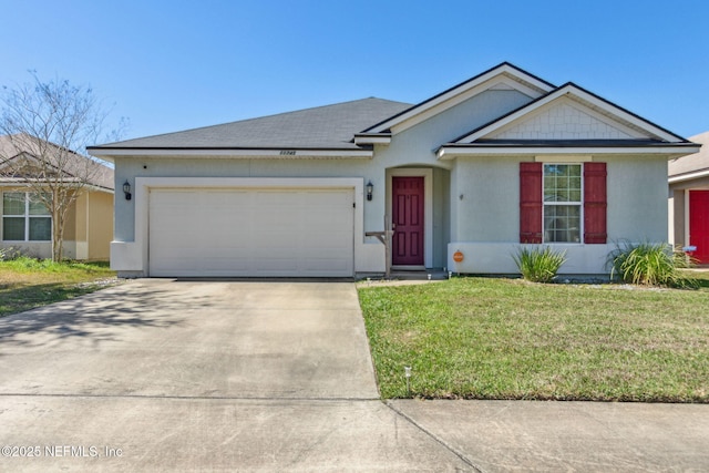 single story home featuring a front yard, concrete driveway, a garage, and stucco siding